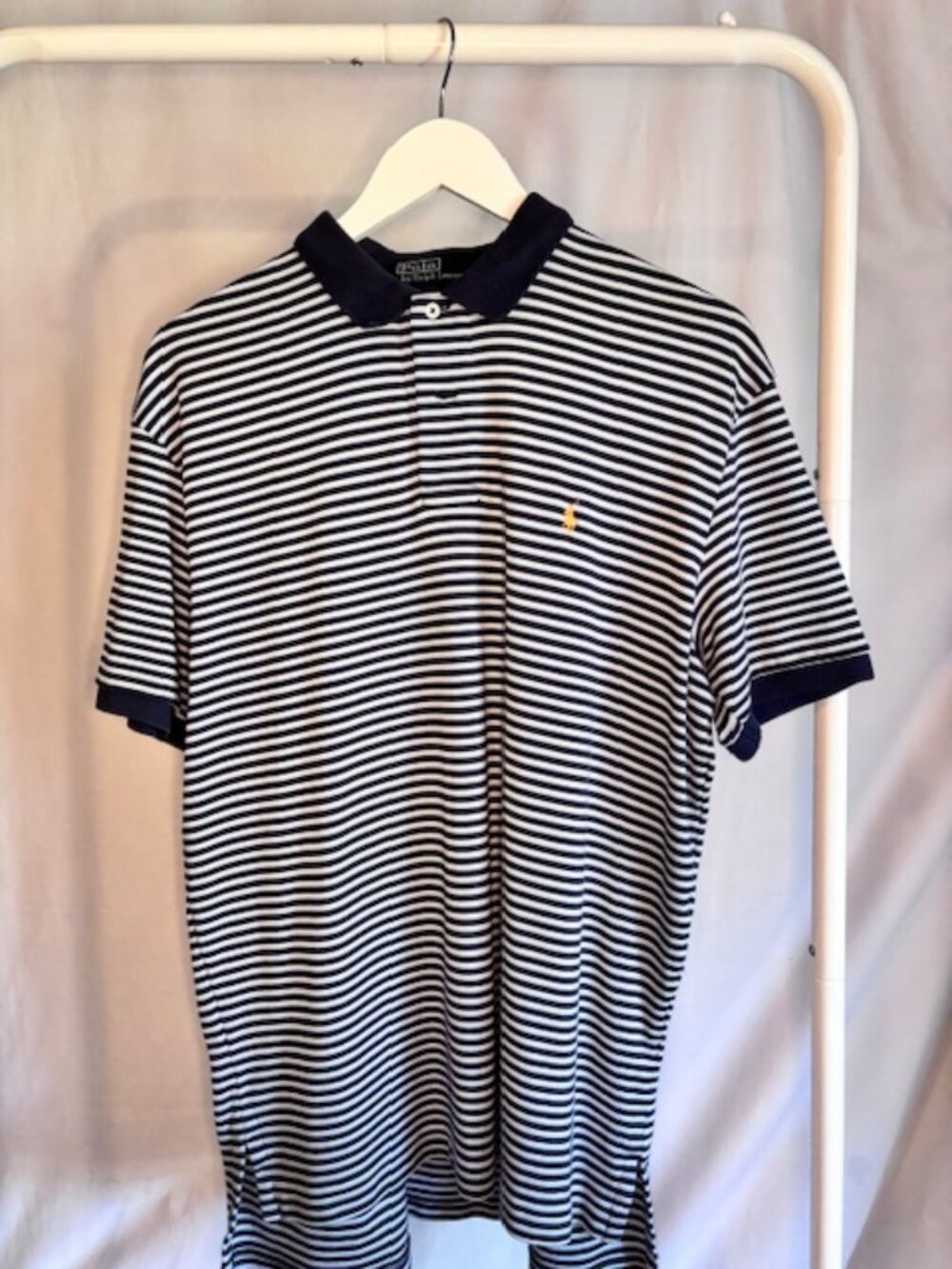 Ralph Lauren Polo Shirt Men’s Medium Blue/White stripe Classic Fit Cotton